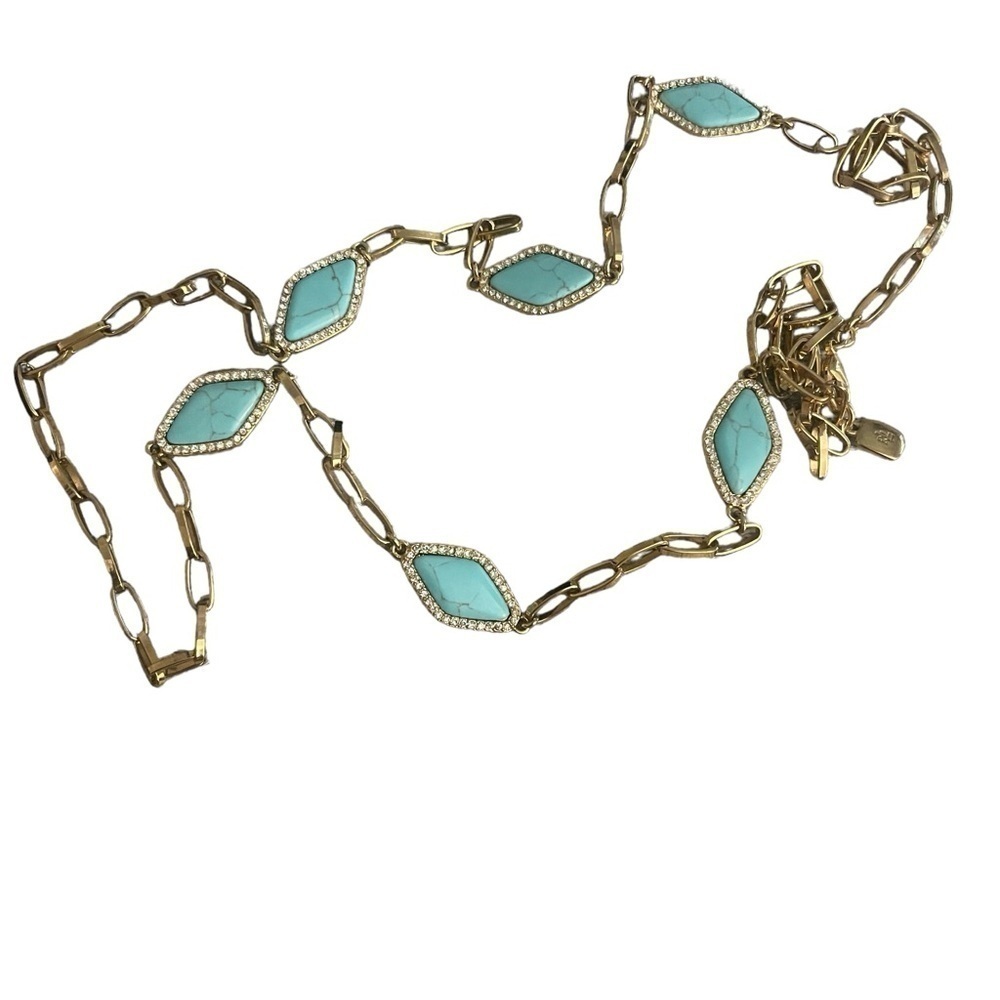 Ralph Lauren Gold Tone 18” Drop Boho Trendy Chain Link Turquoise Necklace - Picture 2 of 10